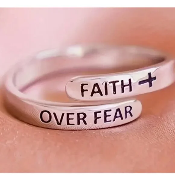 "FAITH OVER FEAR" Sterling Silver Cross Adjustable Ring - Picture 1 of 3